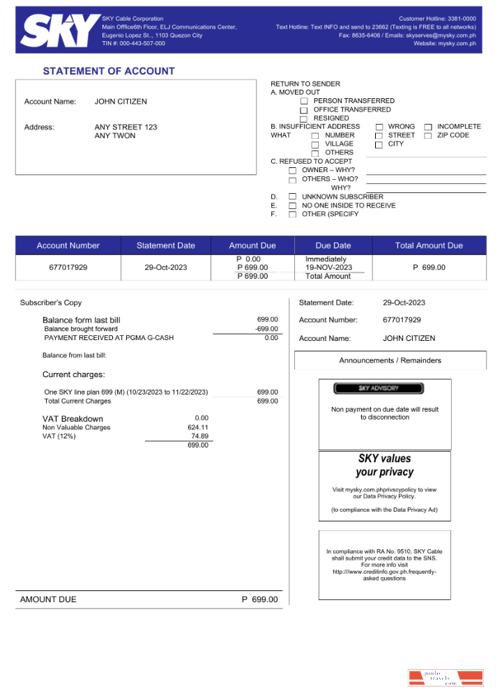 Philippines Sky Cable Corporation utility bill Word and PDF template